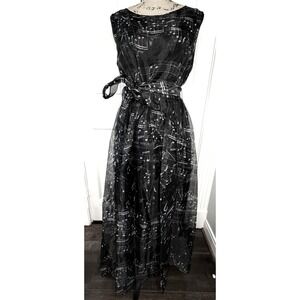 Samuel Dong Black Musical Note Print Maxi Dress Sleeveless Tie Waist Full Skirt